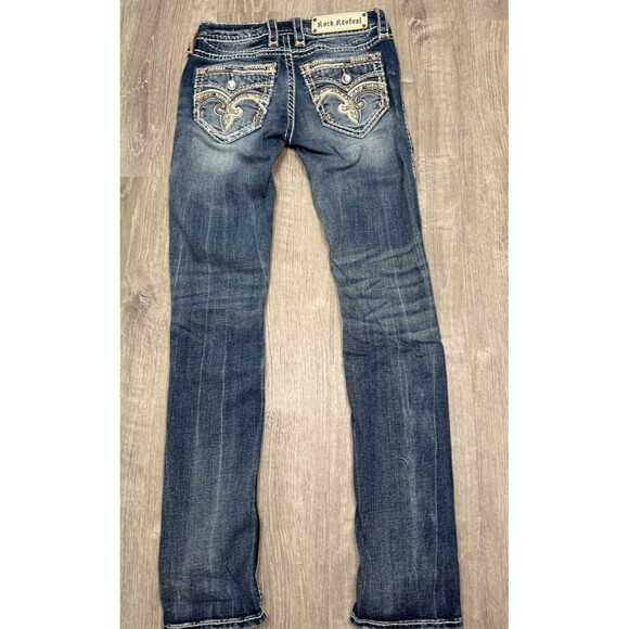 Rock Revival Jeans 25 Distressed Rip Y2K Crystal Flap Pocket Straight Streetwear - Picture 10 of 10